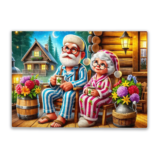 Grandparents in Cozy PJs ¨C Log Cabin Starry Night Warm Puzzle