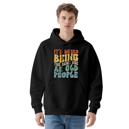 Vintage Retro Age Humor Text Hoodie, Soft Casual Black Top