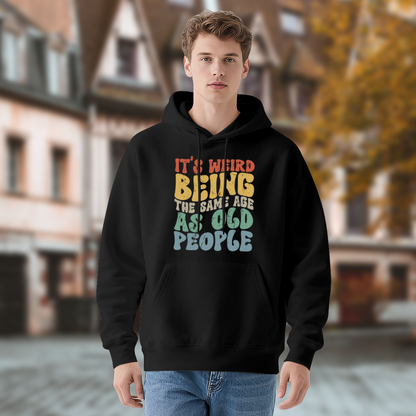 Vintage Retro Age Humor Text Hoodie, Soft Casual Black Top