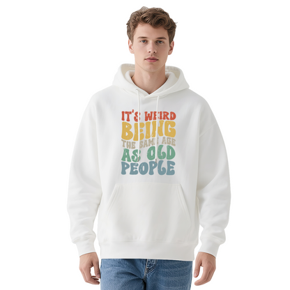 Vintage Retro Age Humor Text Hoodie, Soft Casual Black Top