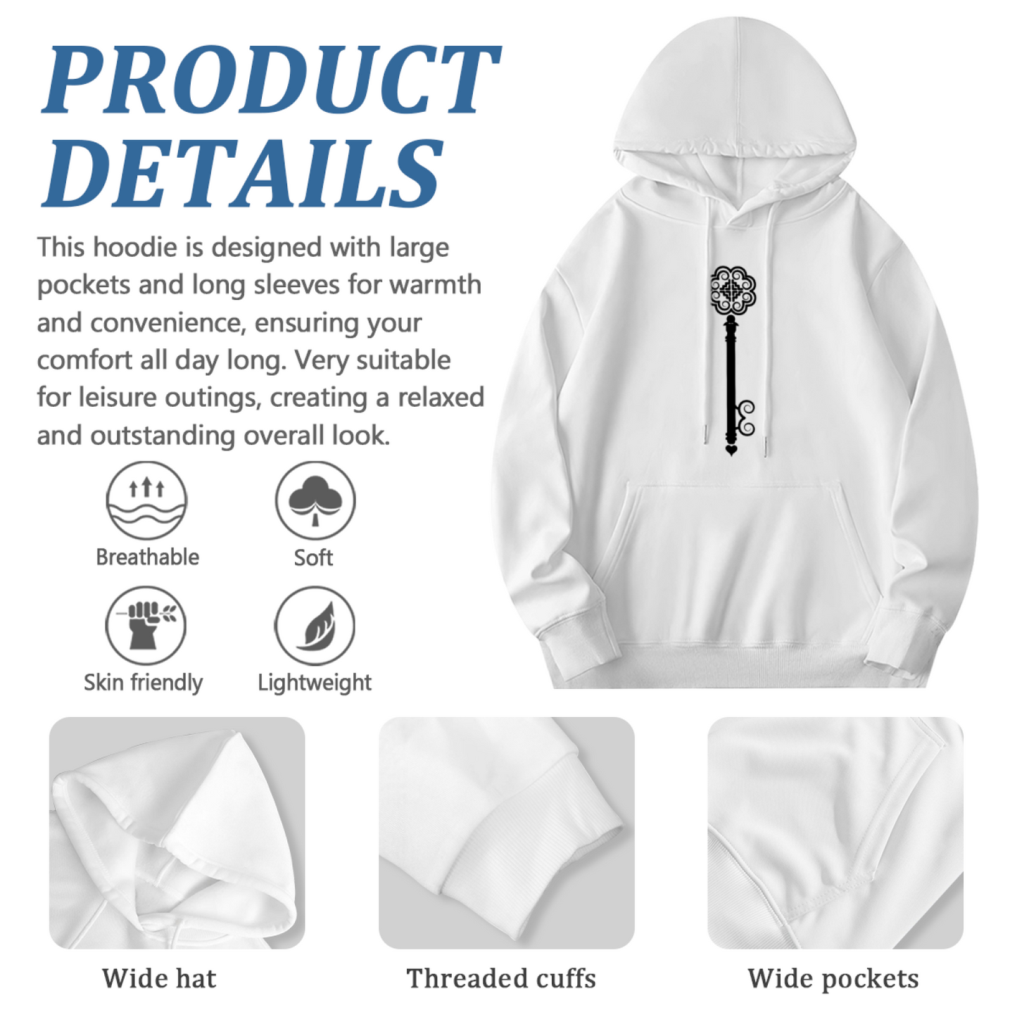 Vintage Ornate Skeleton Key Minimal Hoodie, Light Soft Comfort