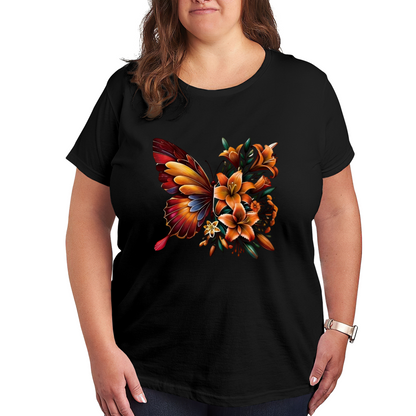 Autumn Orange Floral Half Butterfly Art Plus Size Ladies White Graphic T-Shirt
