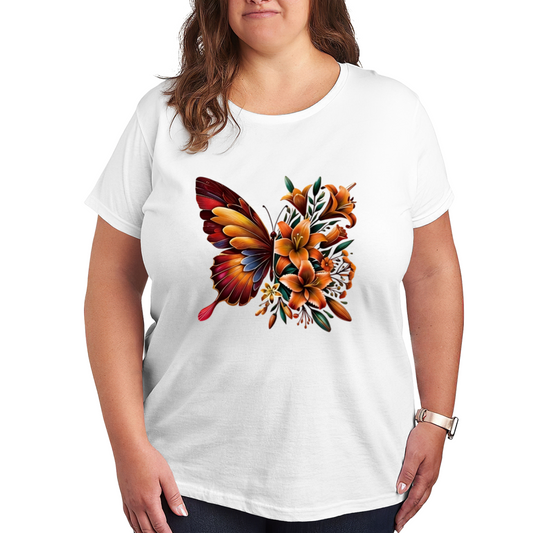 Autumn Orange Floral Half Butterfly Art Plus Size Ladies White Graphic T-Shirt