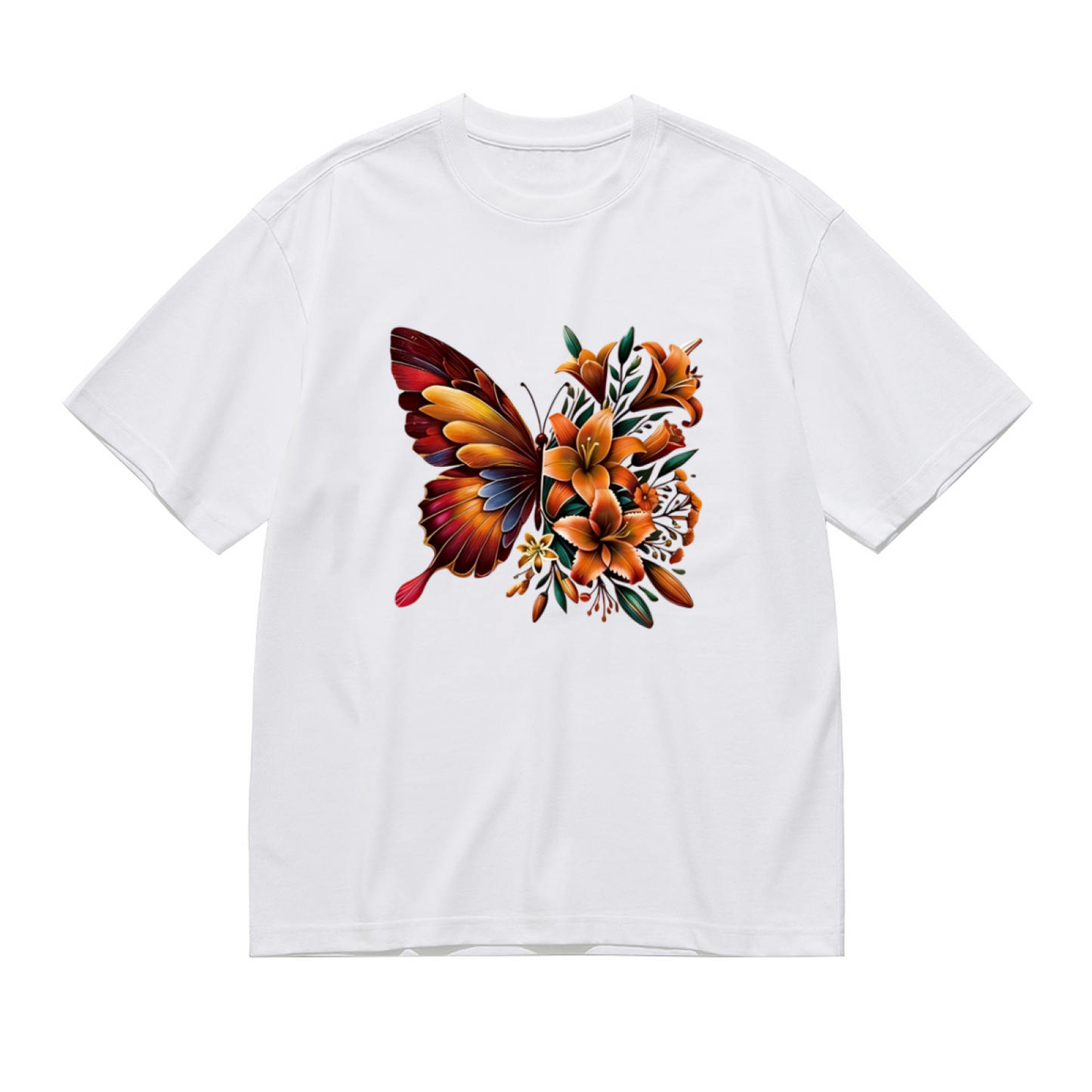 Autumn Orange Floral Half Butterfly Art Plus Size Ladies White Graphic T-Shirt
