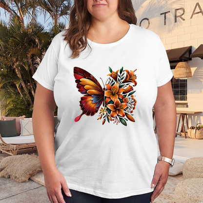 Autumn Orange Floral Half Butterfly Art Plus Size Ladies White Graphic T-Shirt