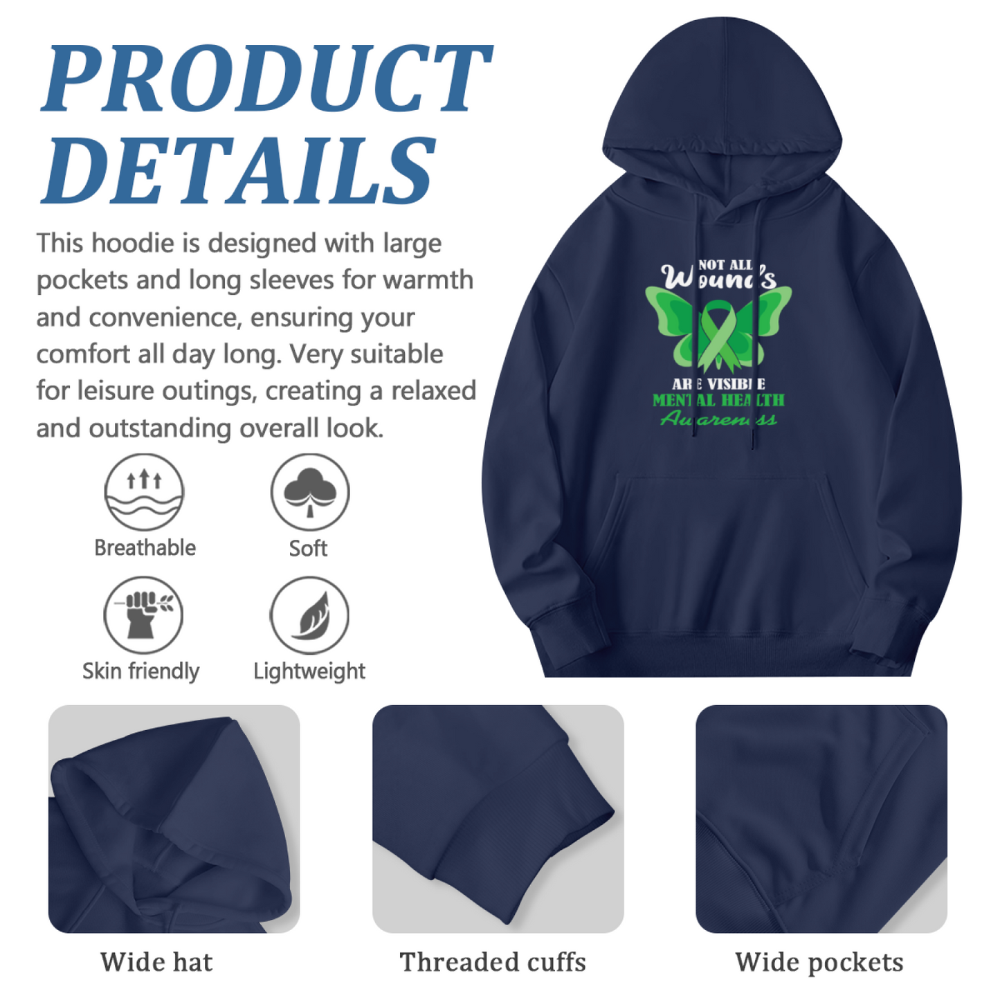 Green Ribbon Mental Health Awareness Unisex Hoodie, Gentle Comfort
