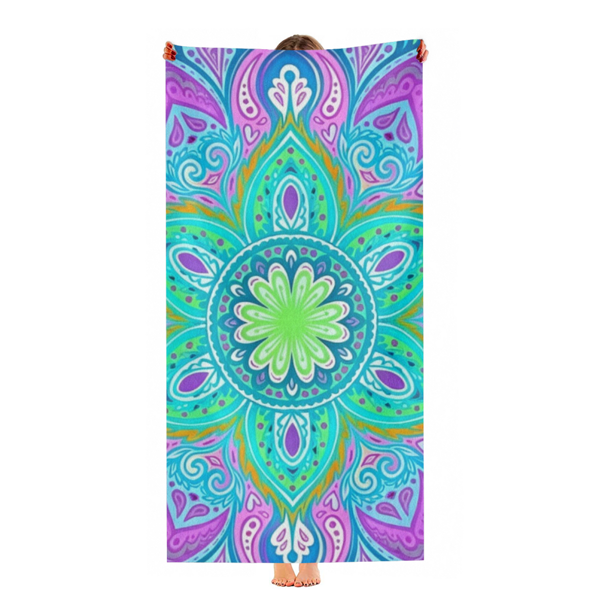 Boho Purple Green Mandala Floral Kaleidoscope Beach Towel, Luxuriously Soft & Snug, Excellent Water Absorption, Multiple Size Choices for Outdoor Picnic Surfing