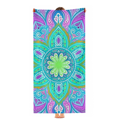 Boho Purple Green Mandala Floral Kaleidoscope Beach Towel, Luxuriously Soft & Snug, Excellent Water Absorption, Multiple Size Choices for Outdoor Picnic Surfing