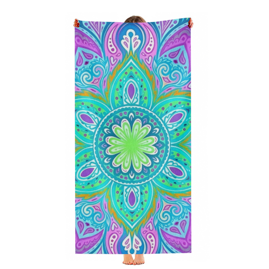 Boho Purple Green Mandala Floral Kaleidoscope Beach Towel, Luxuriously Soft & Snug, Excellent Water Absorption, Multiple Size Choices for Outdoor Picnic Surfing