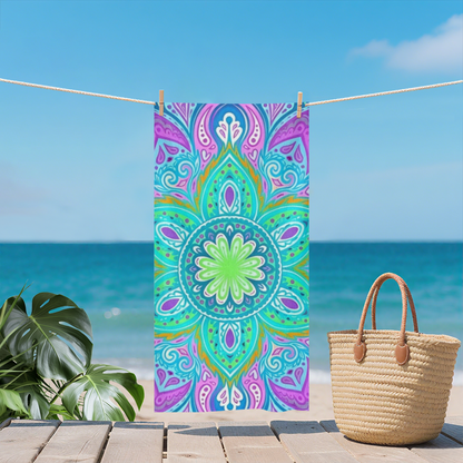 Boho Purple Green Mandala Floral Kaleidoscope Beach Towel, Luxuriously Soft & Snug, Excellent Water Absorption, Multiple Size Choices for Outdoor Picnic Surfing