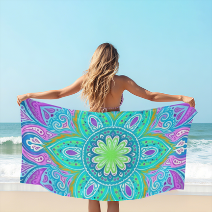 Boho Purple Green Mandala Floral Kaleidoscope Beach Towel, Luxuriously Soft & Snug, Excellent Water Absorption, Multiple Size Choices for Outdoor Picnic Surfing