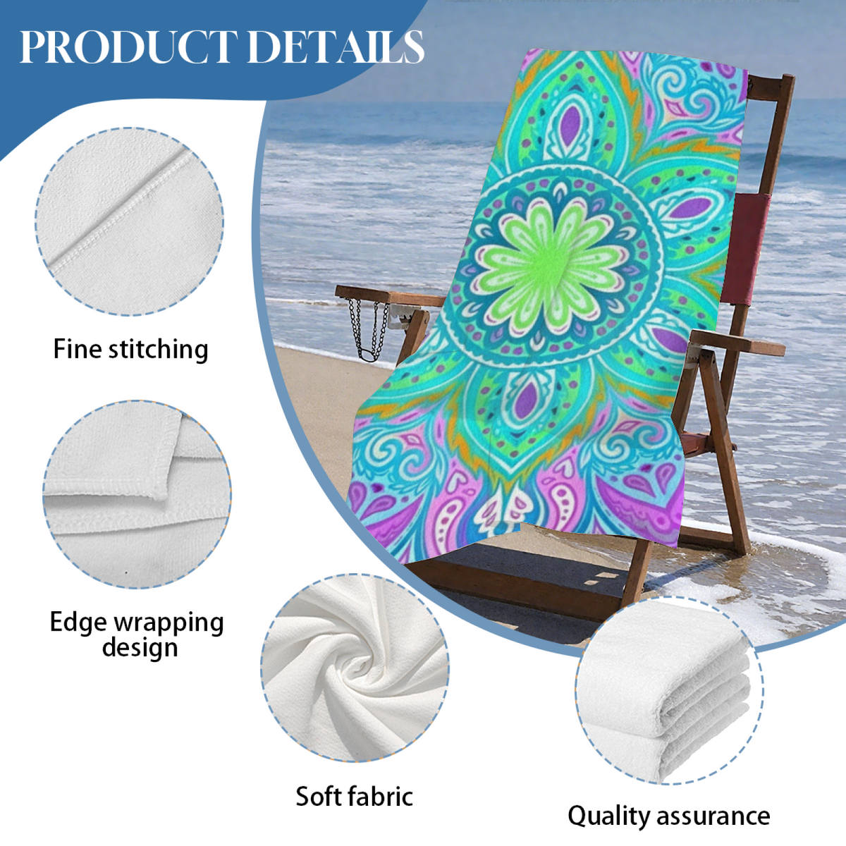 Boho Purple Green Mandala Floral Kaleidoscope Beach Towel, Luxuriously Soft & Snug, Excellent Water Absorption, Multiple Size Choices for Outdoor Picnic Surfing