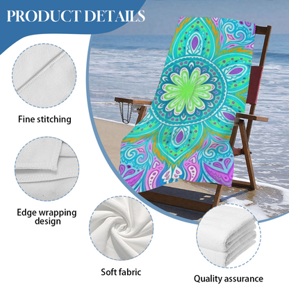 Boho Purple Green Mandala Floral Kaleidoscope Beach Towel, Luxuriously Soft & Snug, Excellent Water Absorption, Multiple Size Choices for Outdoor Picnic Surfing