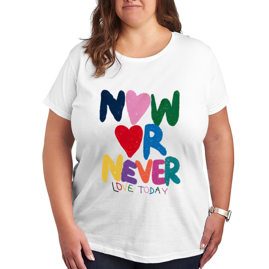 Colorful Hand-Drawn NOW OR NEVER Love Heart Plus Size Women Printed T-Shirt