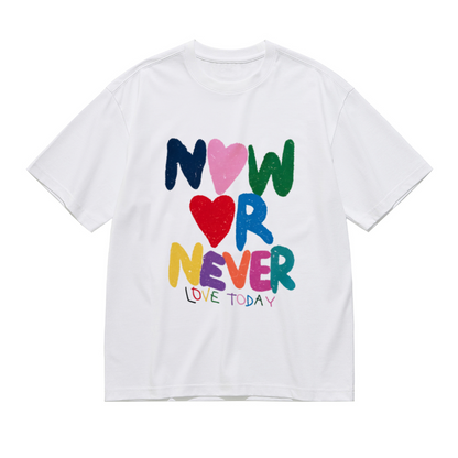 Colorful Hand-Drawn NOW OR NEVER Love Heart Plus Size Women Printed T-Shirt