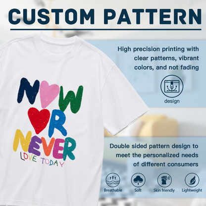Colorful Hand-Drawn NOW OR NEVER Love Heart Plus Size Women Printed T-Shirt
