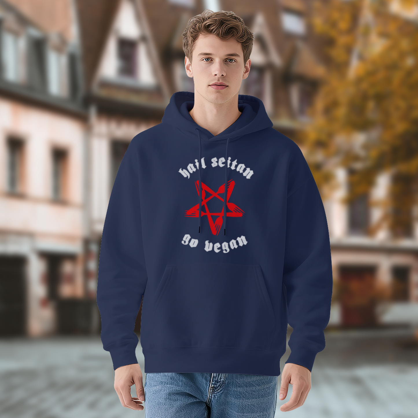 Hail Seitan Go Vegan Pentagram Graphic Hoodie, Casual Street Style