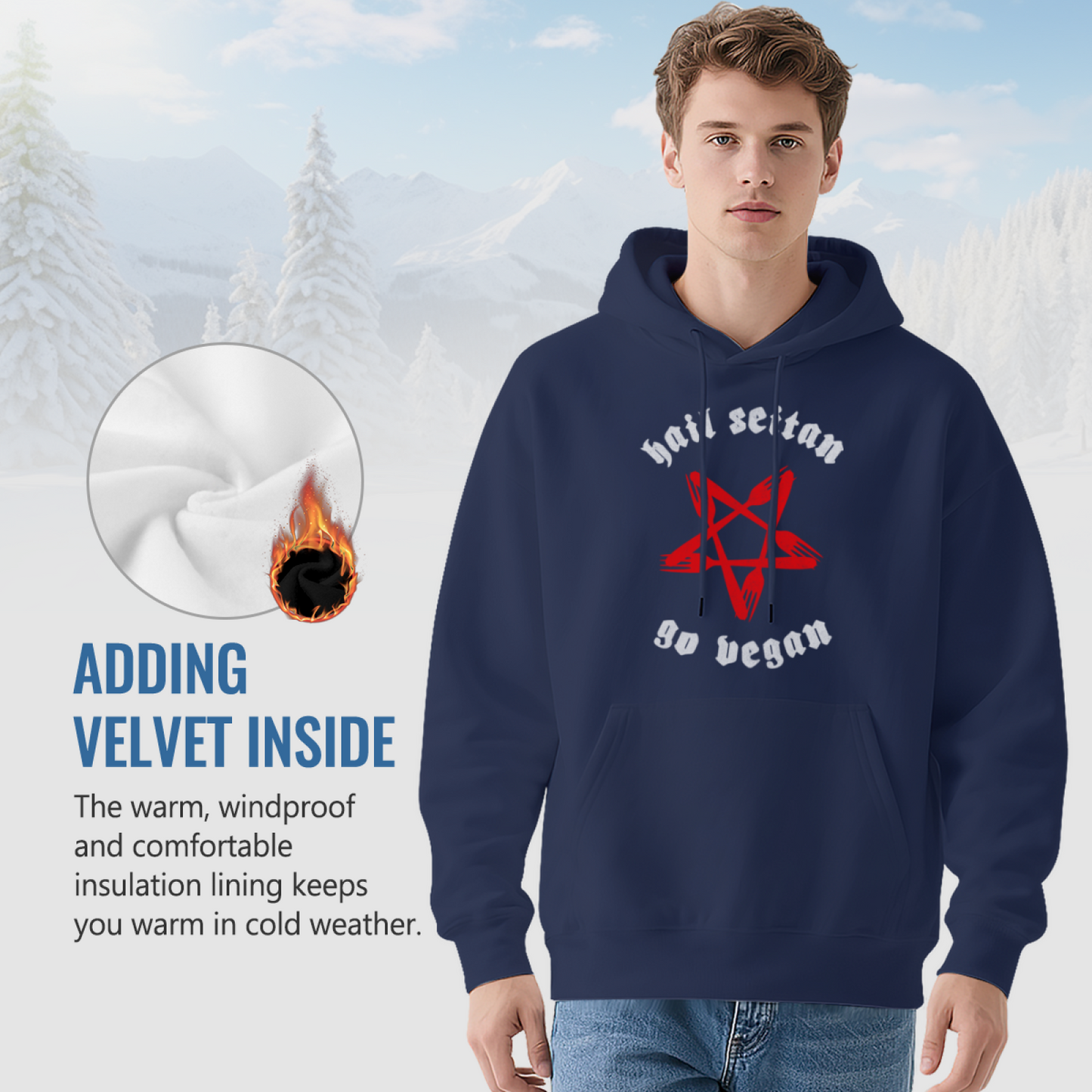 Hail Seitan Go Vegan Pentagram Graphic Hoodie, Casual Street Style