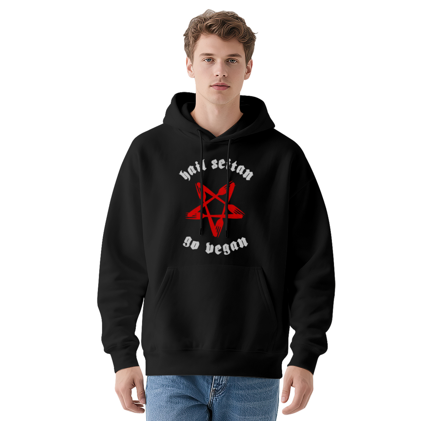 Hail Seitan Go Vegan Pentagram Graphic Hoodie, Casual Street Style