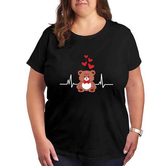 Sweet Teddy Bear Heartbeat Love Cartoon Plus Size Women Graphic Tee
