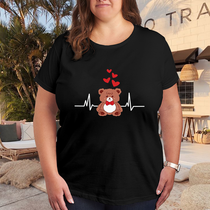 Sweet Teddy Bear Heartbeat Love Cartoon Plus Size Women Graphic Tee