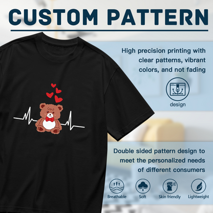 Sweet Teddy Bear Heartbeat Love Cartoon Plus Size Women Graphic Tee