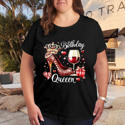 Luxury Birthday Queen Red Heel Wine Crown Gift Graphic Plus Size Women Printed T-Shirt