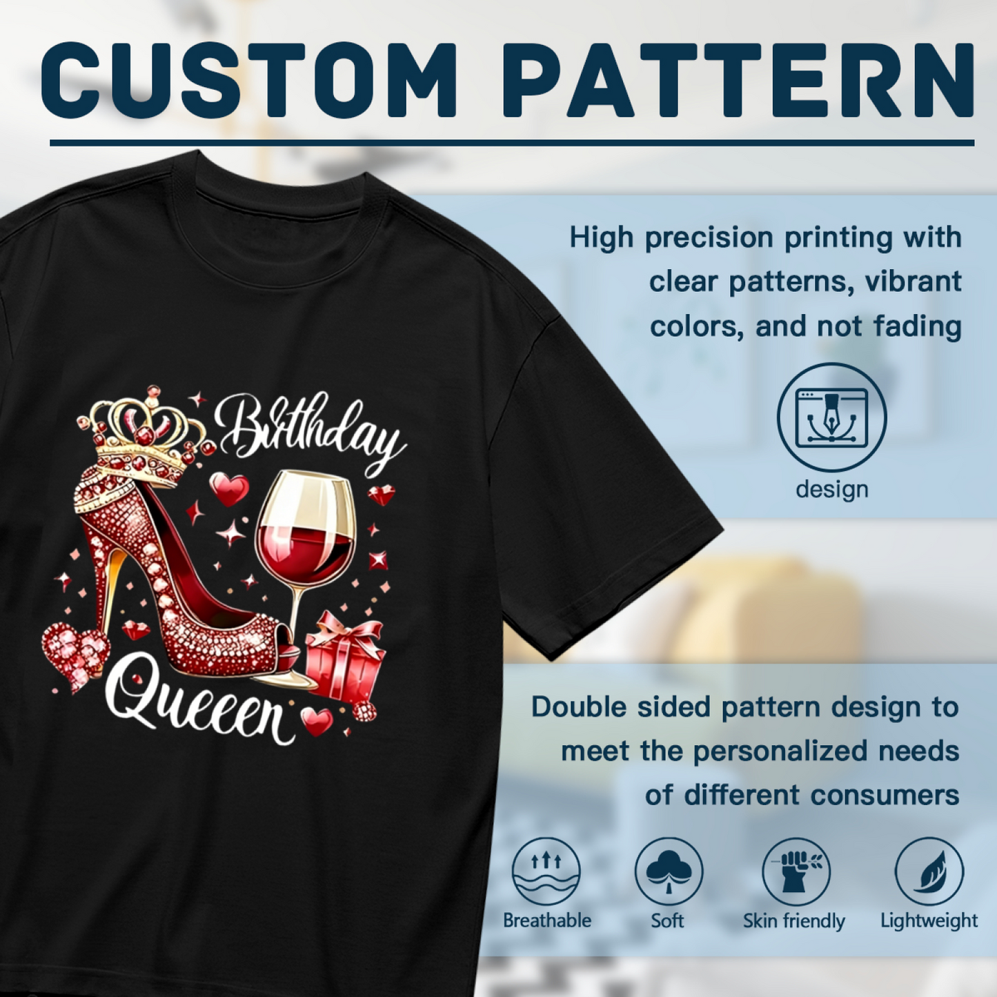 Luxury Birthday Queen Red Heel Wine Crown Gift Graphic Plus Size Women Printed T-Shirt