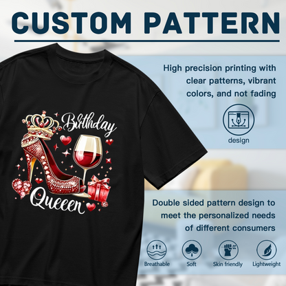Luxury Birthday Queen Red Heel Wine Crown Gift Graphic Plus Size Women Printed T-Shirt