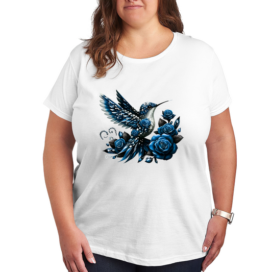 Gilded Golden Yellow Rose Luxurious Hummingbird Plus Size Women Graphic Print T-Shirt