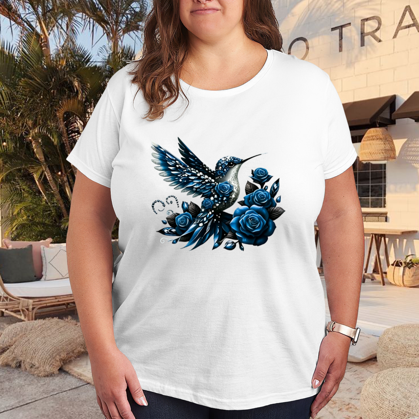 Gilded Golden Yellow Rose Luxurious Hummingbird Plus Size Women Graphic Print T-Shirt