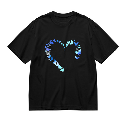 Light Gradient Blue Butterfly Hollow Sweet Heart Plus Size Women Printed T-Shirt