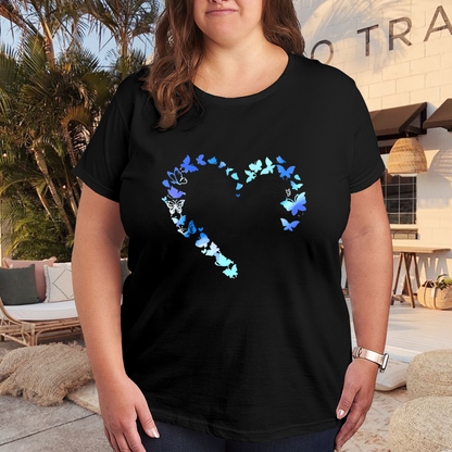 Light Gradient Blue Butterfly Hollow Sweet Heart Plus Size Women Printed T-Shirt