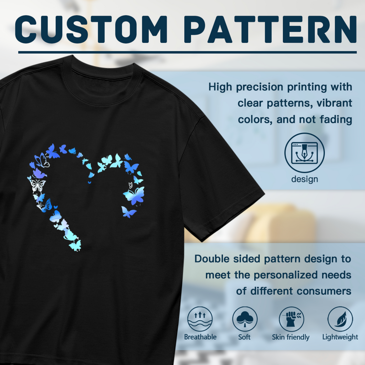 Light Gradient Blue Butterfly Hollow Sweet Heart Plus Size Women Printed T-Shirt
