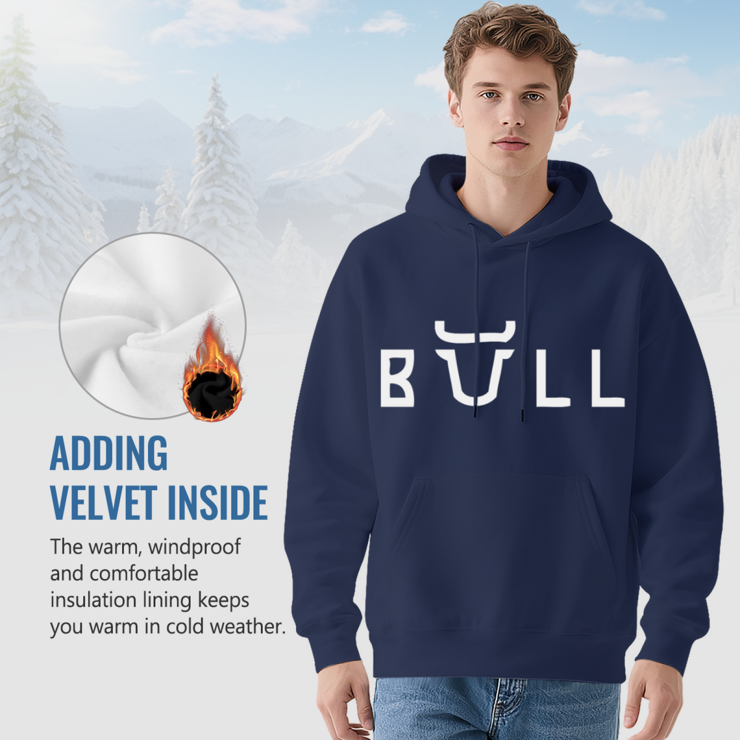 Minimal Bull Horn Letter Men Hoodie, Warm Relax Top