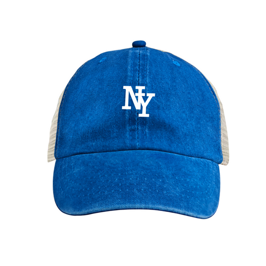 Classic NY Letter Print Bright Blue Washed Mesh Trucker Hat ¨C Retro City Streetwear Cap