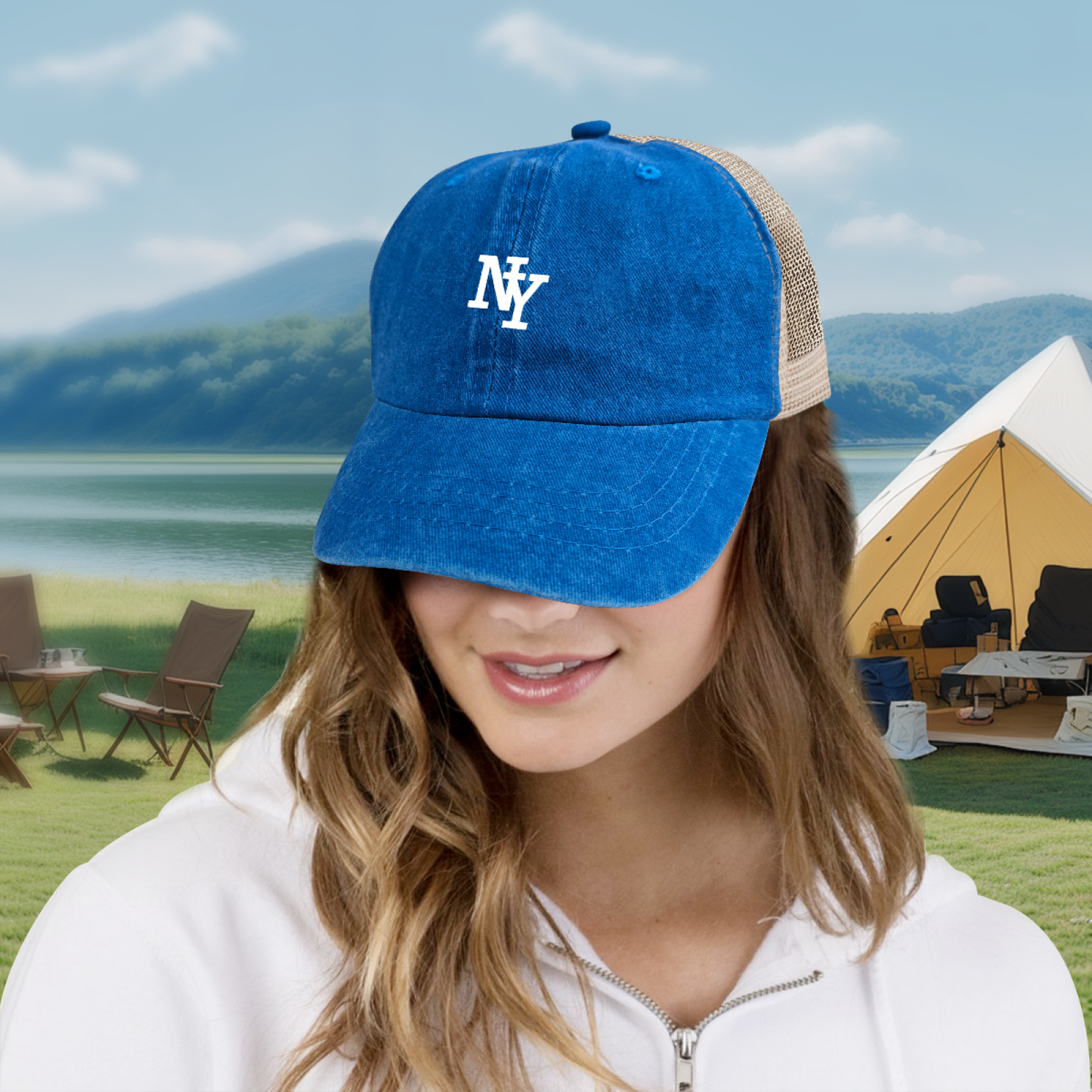 Classic NY Letter Print Bright Blue Washed Mesh Trucker Hat ¨C Retro City Streetwear Cap