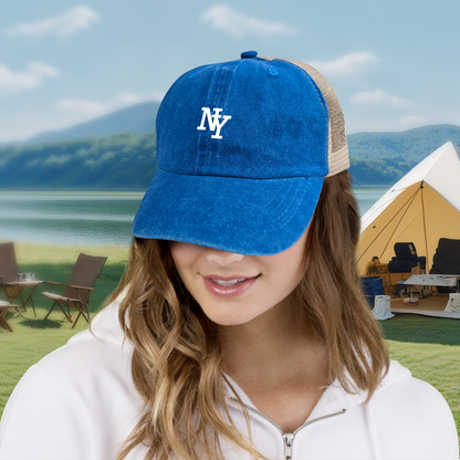 Classic NY Letter Print Bright Blue Washed Mesh Trucker Hat ¨C Retro City Streetwear Cap