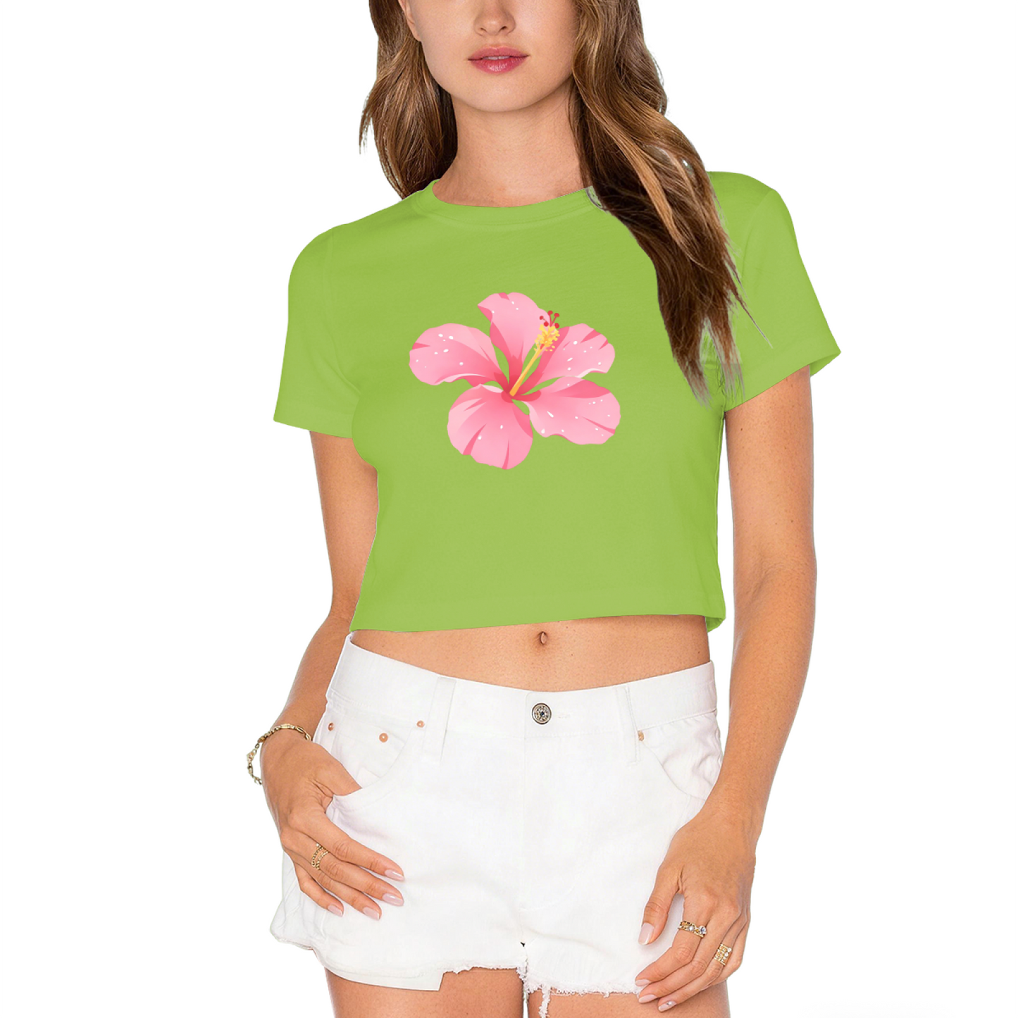 Tropical Hibiscus Flower Hot Pink Crop Top ¨C Summer Vacation Hawaiian Cute Women Tee