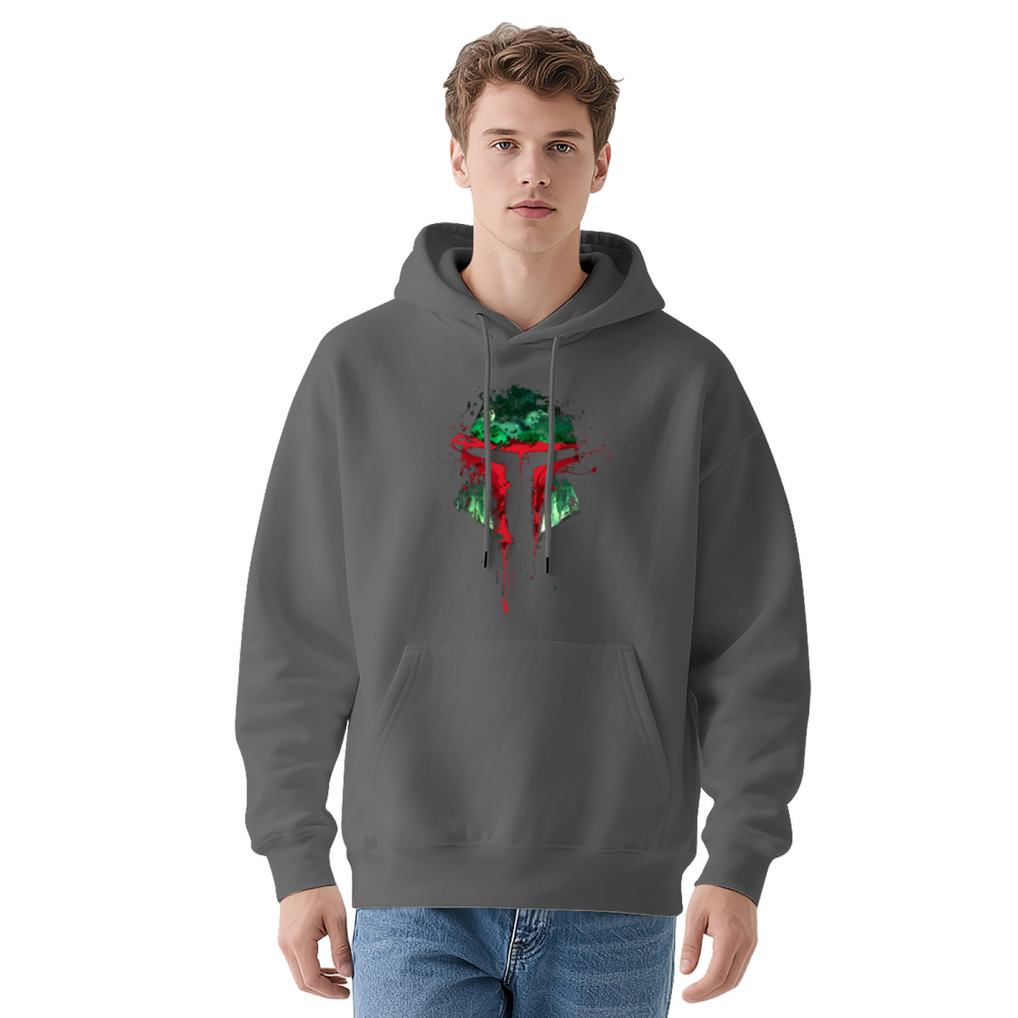 Splash Mandalorian Helmet White Hoodie, Unisex Star Fan Soft Cozy Hoodie
