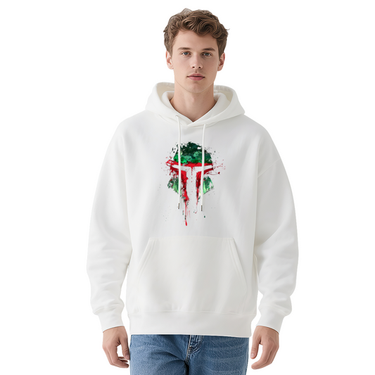 Splash Mandalorian Helmet White Hoodie, Unisex Star Fan Soft Cozy Hoodie