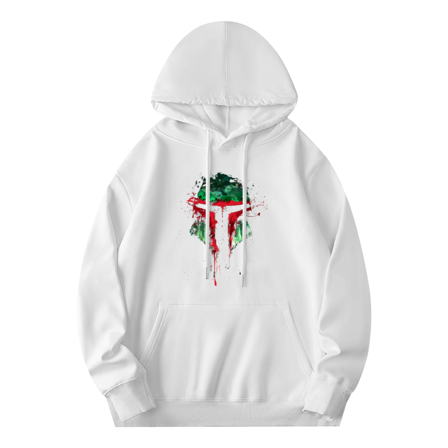 Splash Mandalorian Helmet White Hoodie, Unisex Star Fan Soft Cozy Hoodie