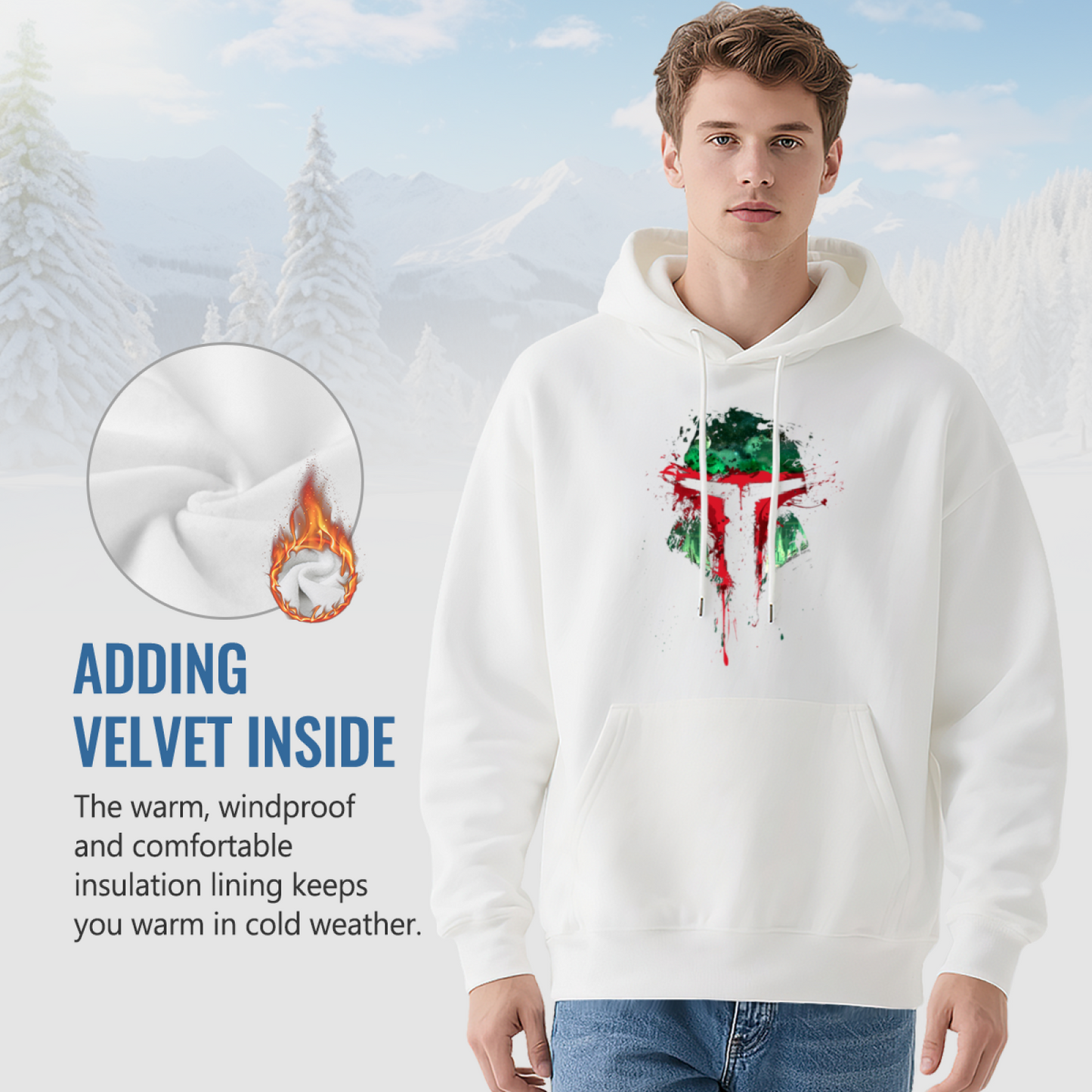 Splash Mandalorian Helmet White Hoodie, Unisex Star Fan Soft Cozy Hoodie