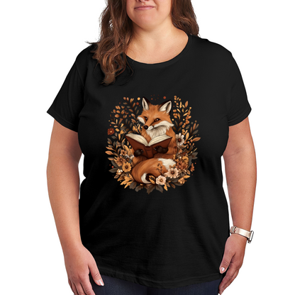 Cute Autumn Fox Reading Book Wildflower Cottagecore Plus Size Women Printed T-Shirt