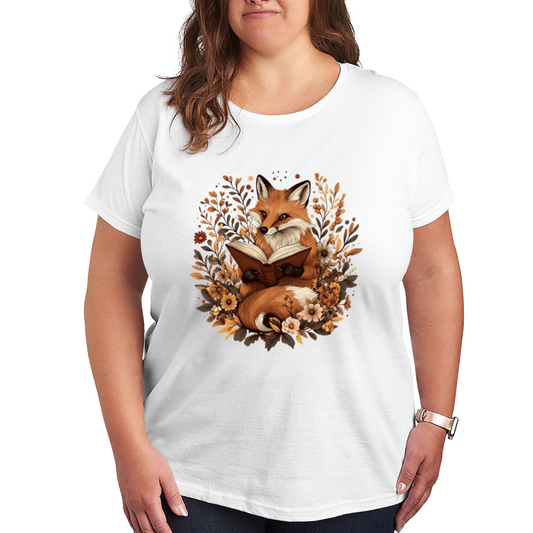 Cute Autumn Fox Reading Book Wildflower Cottagecore Plus Size Women Printed T-Shirt
