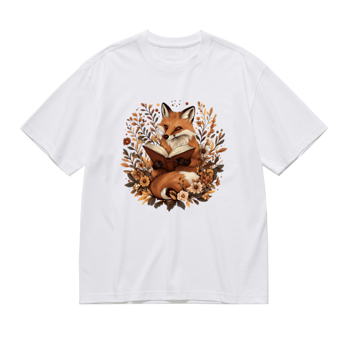 Cute Autumn Fox Reading Book Wildflower Cottagecore Plus Size Women Printed T-Shirt