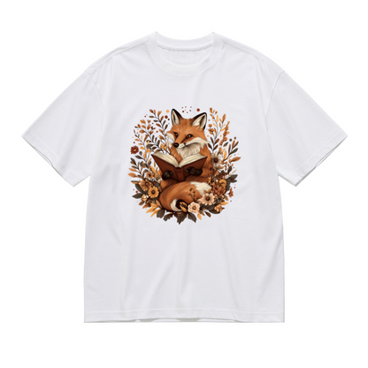 Cute Autumn Fox Reading Book Wildflower Cottagecore Plus Size Women Printed T-Shirt