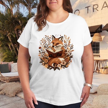 Cute Autumn Fox Reading Book Wildflower Cottagecore Plus Size Women Printed T-Shirt