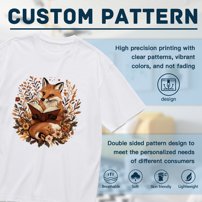 Cute Autumn Fox Reading Book Wildflower Cottagecore Plus Size Women Printed T-Shirt