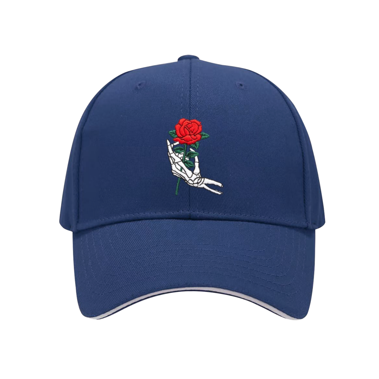 Gothic Skeleton Hand Holding Red Rose Multi-Color Sandwich Embroidered Cap